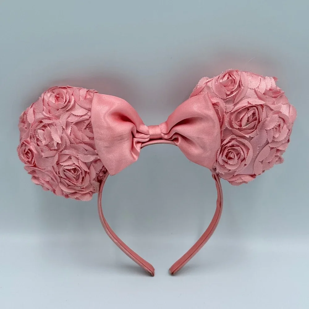 Disney Parks Minnie Mouse Pink Rosette Rose Satin Bow Ear Headband